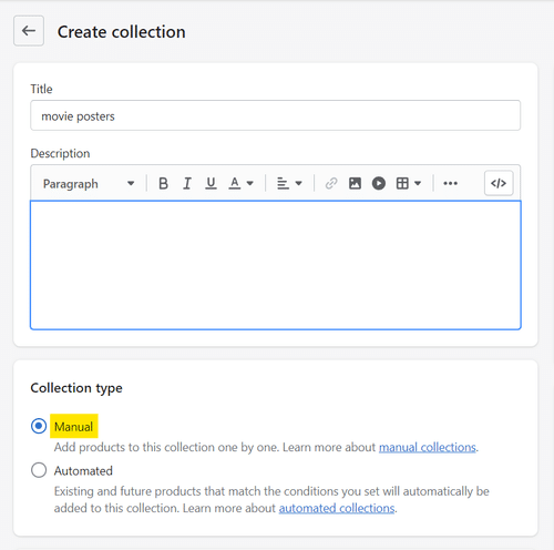 Shopify manual collection