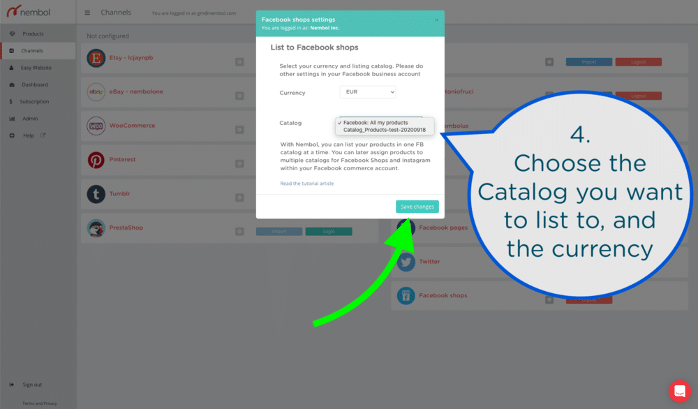 Nembol settings allow you to list on your Facebook catalog of choice, and select your currency.