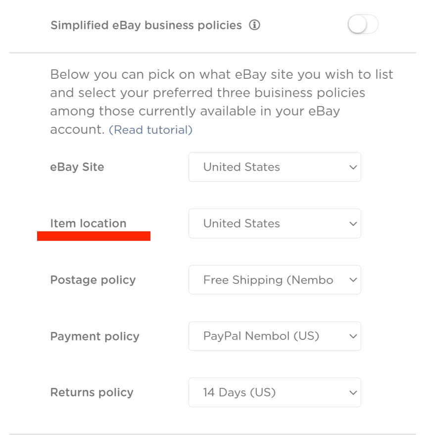 choose the ebay item location in nembol settings