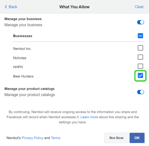 Authorize Nembol to manage your catalog. Leave only one business Page active.