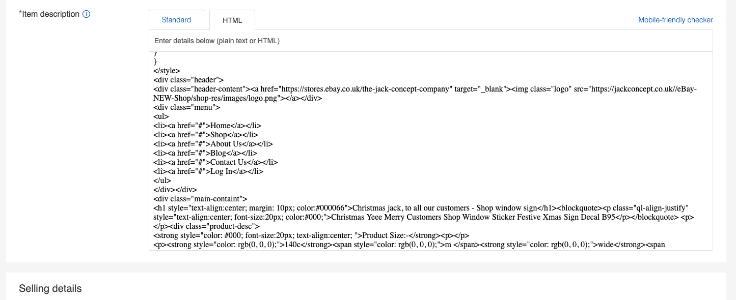 Picture 3: An example of HTML description, you can switch between html and formatted (standard) view in the eBay description editor