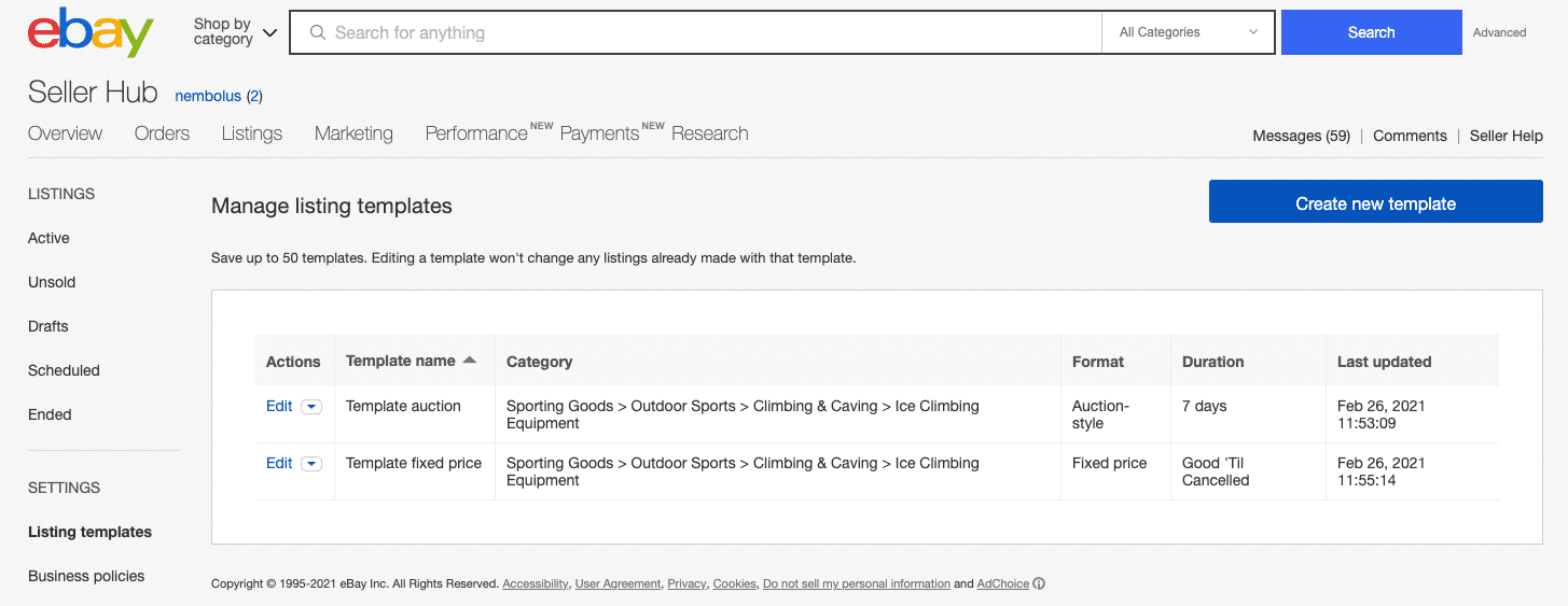 Picture 2: Listing template manager allows sellers to pick a template to faster build a listing upon. You can have up to 20 templates, but we suggest you have far less