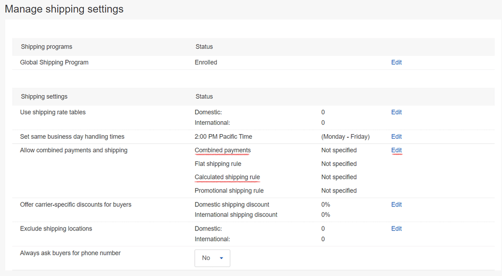 manage eBay shipping settings