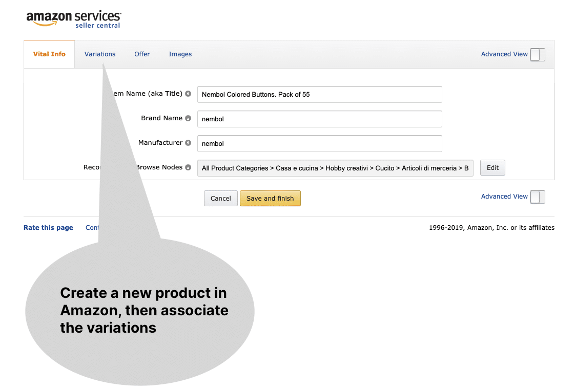 Create a product with variations on Amazon