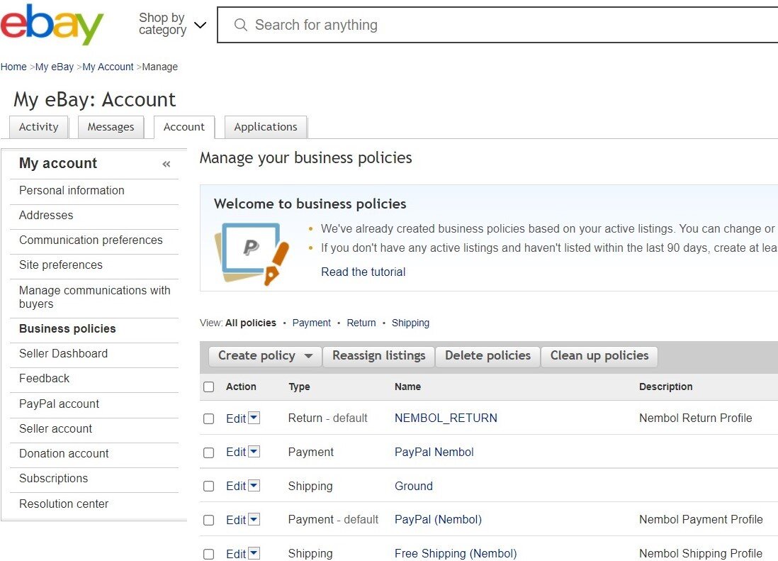 Business policies dashboard and actions