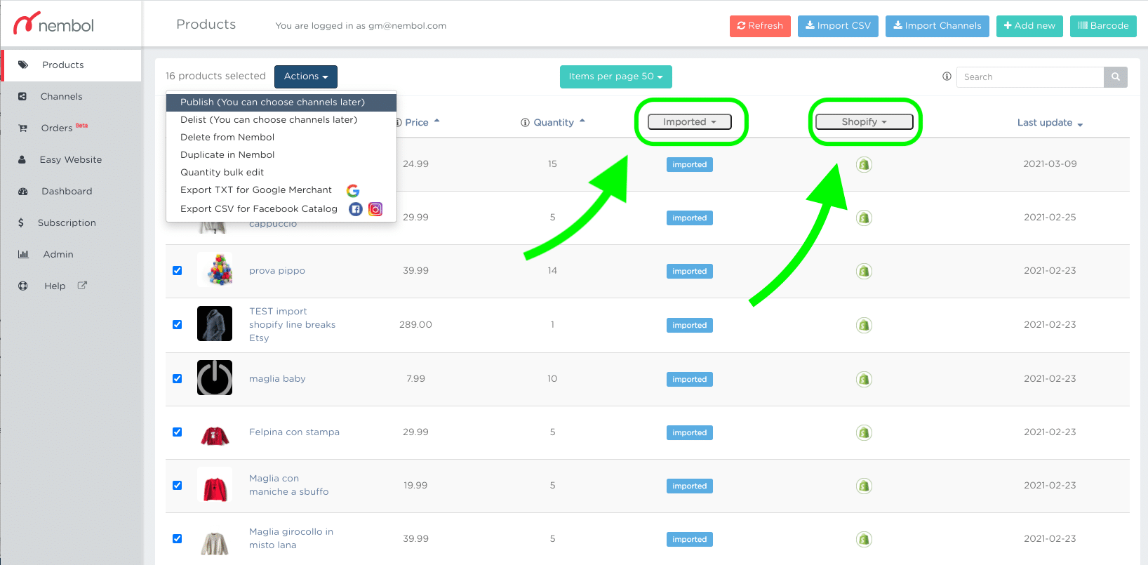 Picture 3: Filter for newly imported products, from the channel you wish, select a subset, pick “Publish” from Actions