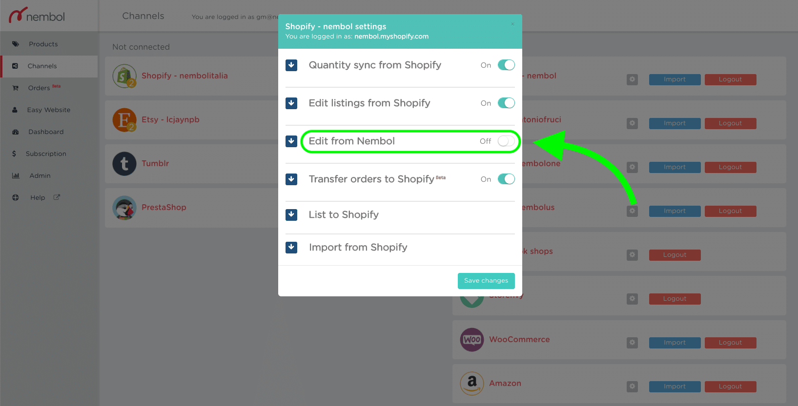 Picture 2: Turn “Edit from Nembol” OFF to keep your two connected stores content independent after the first listing