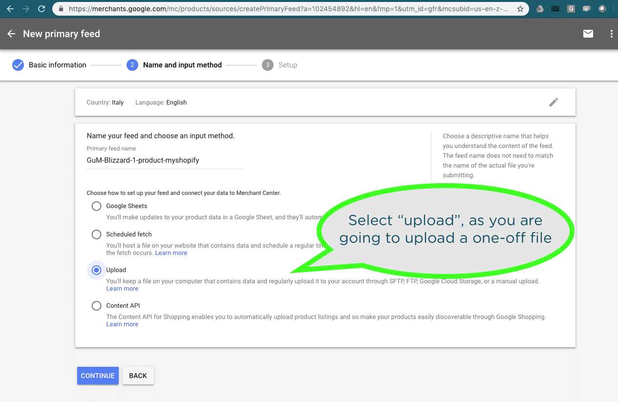 Select the “Upload” option in Google Merchant, as you are uploading a file