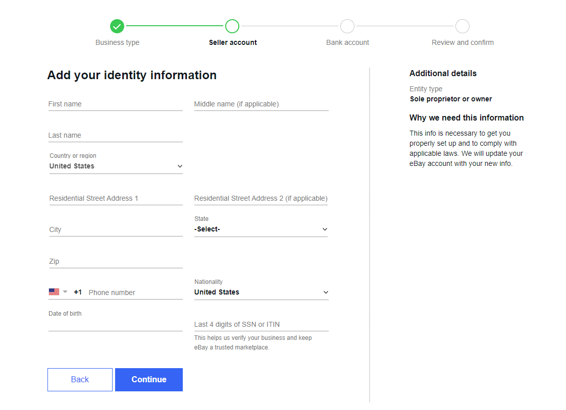 eBay account set up - information requested