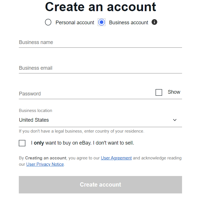 eBay registration form example