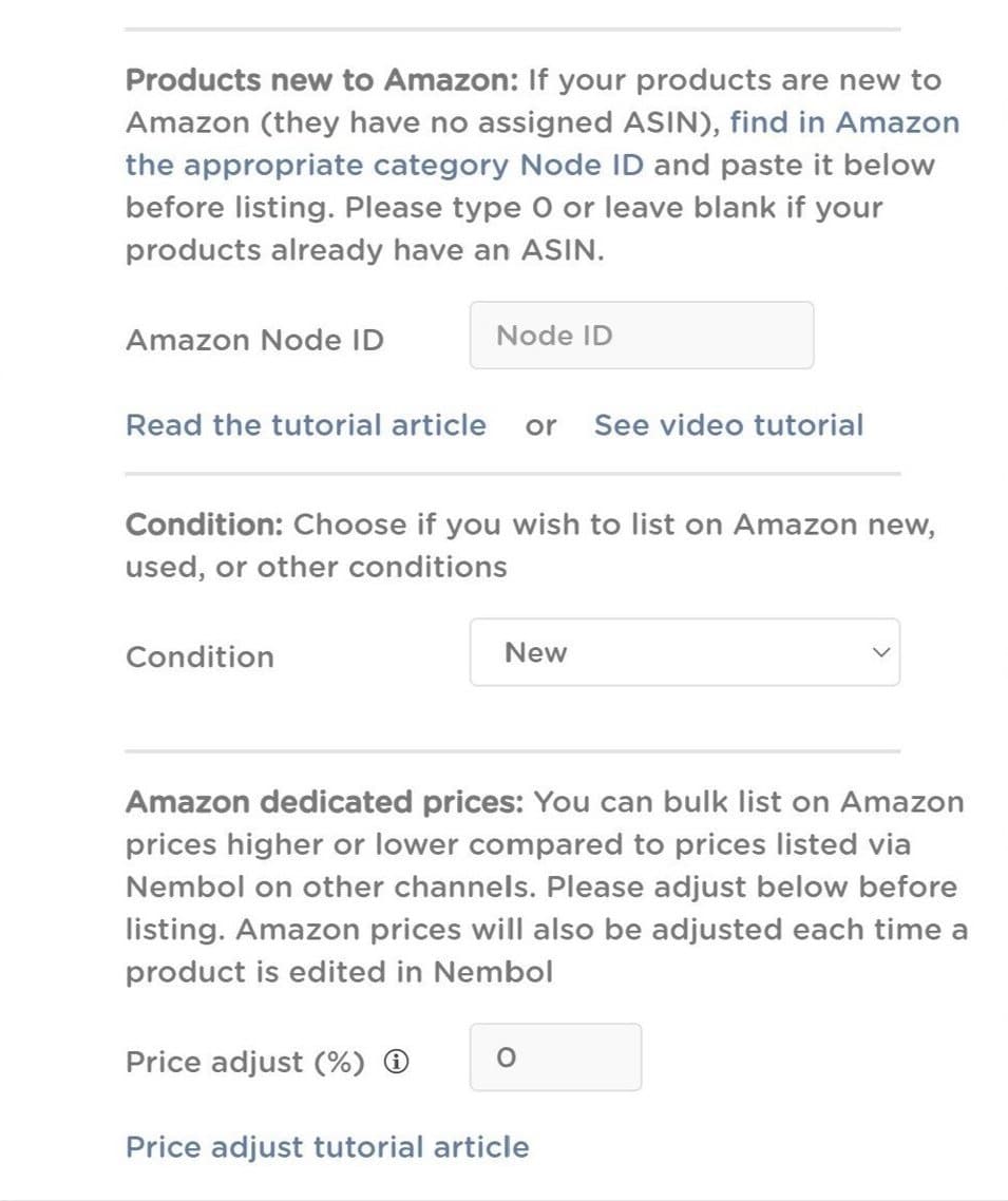 set dedicated prices to amazon listings, condition new or used, set a node id for amazon