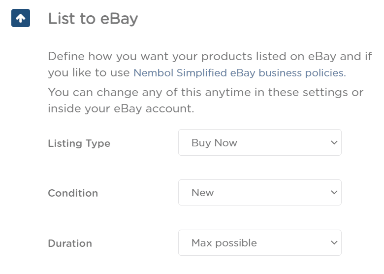 List to ebay settings: select the listing type, the item condition and the listing duration.